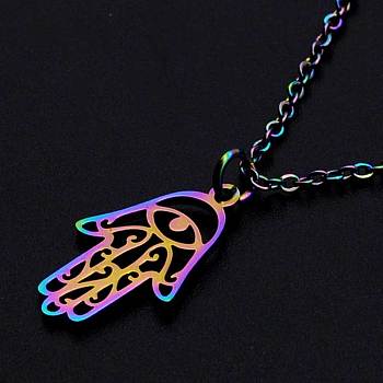 201 Stainless Steel Pendants Necklaces, with Cable Chains and Lobster Claw Clasps, Hamsa Hand/Hand of Fatima/Hand of Miriam, Rainbow Color, 15-3/4 inch(40cm), 1.5mm