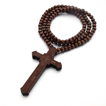 Wood Cross Pendant Necklace with Round Beaded Chains for Men Women, Brown, 35.43 inch(90cm)