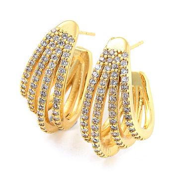 Rack Plating Brass Split Earrings, Cubic Zirconia Half Hoop Earrings, Long-Lasting Plated, Lead Free & Cadmium Free, Real 18K Gold Plated, 23x11mm