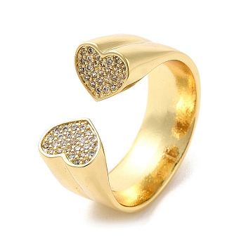 Brass Micro Pave Cubic Zirconia Open Cuff Rings, Heart, Real 18K Gold Plated, US Size 7 1/4(17.5mm)