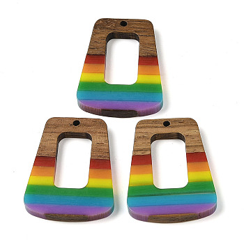 Pride Rainbow Theme Resin & Walnut Wood Pendants, Trapezoid, Colorful, 37.5x27.5x3.5mm, Hole: 2mm