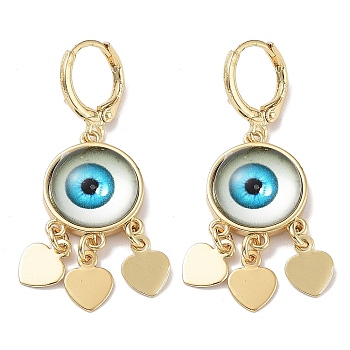 Real 18K Gold Plated Brass Heart Chandelier Earrings, Glass Evil Eye Drop Earrings, Cyan, 40.5x14mm