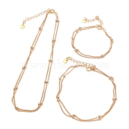 Brass Curb Chains Multi-strand Bracelets, Anklets & Necklaces Jewelry Sets, with Brass Beads, Spring Ring Clasps and  304 Stainless Steel Heart Charms, Golden, 13.97inch(35.5cm), 6-3/4 inch(17cm), 9-5/8 inch(24.5cm), 3pcs/set(SJEW-JS01134)