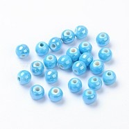 Pearlized Handmade Porcelain Round Beads, Deep Sky Blue, 6mm, Hole: 1.5mm(PORC-S489-6mm-08)