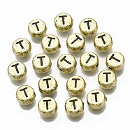 Plating Acrylic Beads, Horizontal Hole, Flat Round with Letter, Golden Plated, Black, Letter.T, 7x4mm, Hole: 1.2mm.(X-PACR-CD0001-T)