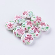 Handmade Lampwork Beads, Half Round wit Flower, White, 18~20x10~12mm, Hole: 1.5~2.5mm(LAMP-J089-M01)