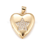Brass Micro Pave Cubic Zirconia Locket Pendants, Photo Frame Charms for Necklaces, Real 18K Gold Plated, Lead Free & Cadmium Free, Heart with Star, Clear, 20.5x19x5mm, Hole: 4x3mm, Inner Diameter: 12x13.5mm(KK-A161-46G)