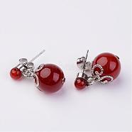 Dangling Natural Carnelian Ear Studs, with Metal Findings, Platinum, 20mm, Pin: 0.7mm(EJEW-JE02186-03)
