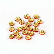 Brass Rhinestone Spacer Beads, Grade A, Rondelle, Golden and Nickel Free, Red, Size: about 6mm in diameter, 3mm thick, hole: 1mm(RSB028NF-08G)