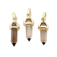 Natural Smoky Quartz Double Terminal Pointed Pendant, Faceted Bullet Charms with Brass Findings, Ion Plating(IP), Golden, 21x7x7.5mm, Hole: 3.5x2mm(G-H097-01G-05)