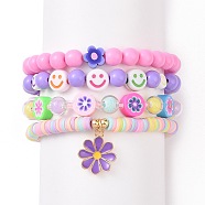 4Pcs 4 Style Handmade Polymer Clay Heishi Beaded Surfer Stretch Bracelets Set with Acrylic Smiling Face Bead, Alloy Enamel Daisy Charm Bracelet for Women, Mixed Color, Inner Diameter: 2-1/8~2-1/4 inch(5.25~5.6cm), 1pc/style(BJEW-JB09097)