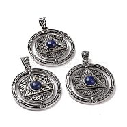 Natural Lapis Lazuli Pendants, Flat Round with Hexagram Charms, with Antique Silver Plated Alloy Findings, 42.5x37x8mm, Hole: 5.5x4mm(G-L524-05AS-06)