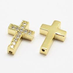 Brass Micro Pave Grade AAA Cubic Zirconia Beads, Cross, Cadmium Free & Nickel Free & Lead Free, Real 18K Gold Plated, 18.8x12.8x3.8mm, Hole: 1.5mm(KK-P055-14G-NR)