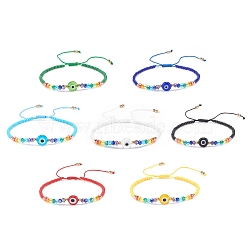7Pcs 7 Colors Lampwork Evil Eye & Glass Beaded Bracelets Set, Braided Adjustable Bracelets for Women, Mixed Color, Inner Diameter: 2-1/2~3-7/8 inch(6.2~9.7cm), 1Pc/color(BJEW-JB08367)