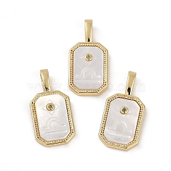 Rack Plating Brass Micro Pave Cubic Zirconia Pendants, with Shell, Long-Lasting Plated, Lead Free & Cadmium Free, Real 18K Gold Plated, Sheild with Twelve Constellations, Libra, 20.5x10x2.5mm, Hole: 4.5x2mm(KK-U032-90G-05)