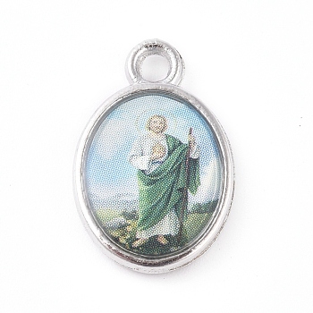 Religion Theme Alloy Pendants, Oval with Jesus, Platinum, Colorful, 15x10x2.5mm, Hole: 1.6mm