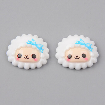 Opaque Resin Cabochons, Sheep Shape with Deep Skyblue Bowknot, White, 16x19x6mm