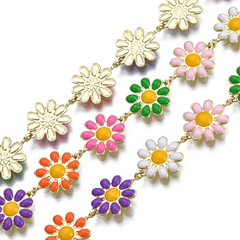Brass Flower Link Chains, Nickel Free, with Enamel, Unwelded, Real 16K Gold Plated, Mixed Color, 13.5~14x9.5~10x1mm