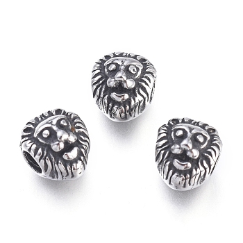 304 Stainless Steel Beads, Lion Head, Antique Silver, 7.5x6x6mm, Hole: 2mm