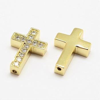 Brass Micro Pave Grade AAA Cubic Zirconia Beads, Cross, Cadmium Free & Nickel Free & Lead Free, Real 18K Gold Plated, 18.8x12.8x3.8mm, Hole: 1.5mm