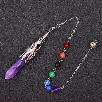 Natural Amethyst & Mixed Gemstone Bullet Pointed Dowsing Pendulums, Chakra Yoga Theme Jewelry for Home Display, 300mm