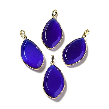 Cat Eye Pendants, with Rack Plating Brass Loops, Oval Charm, Royal Blue, 36~36.5x19.5~20x6~6.5mm, Hole: 6.5x3.5mm