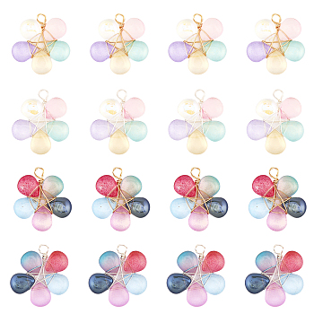 4 Sets Wire Wrapped Glass Pendants, with Brass Findings, Flower, Mixed Color, 30.5x29x5mm, Hole: 2mm, 4pcs/set