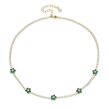 Cubic Zirconia Classic Tennis Necklace with Flower Links, Golden Brass Jewelry for Women, Green, 14.37 inch(36.5cm)