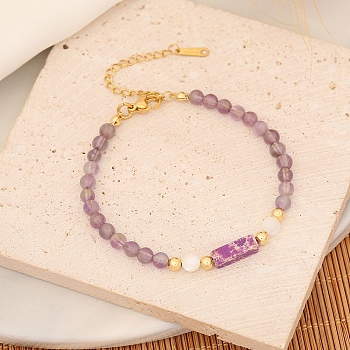 Natural Amethyst Rectangle Beaded Bracelet for Woman, 7-1/8 inch(18cm)