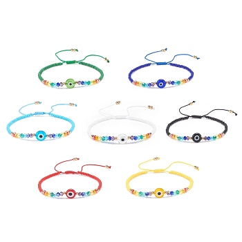 7Pcs 7 Colors Lampwork Evil Eye & Glass Beaded Bracelets Set, Braided Adjustable Bracelets for Women, Mixed Color, Inner Diameter: 2-1/2~3-7/8 inch(6.2~9.7cm), 1Pc/color