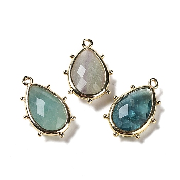 Natural Green Fluorite Pendants, with Platinum Brass Edge, Faceted, Teardrop, 22.5x14x5.5mm, Hole: 1.6mm.