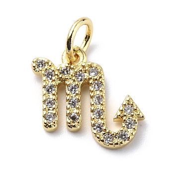 Brass Micro Pave Cubic Zirconia Charms, Constellation Charm, with Jump Rings, Real 18K Gold Plated, Scorpio, 12x12.5x1.5mm, Hole: 3.4mm