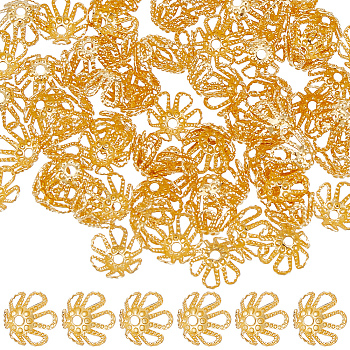 200Pcs Brass Bead Caps, Long-Lasting Plated, Flower, 6-Petal, Real 18K Gold Plated, 6.5x3.5mm, Hole: 1mm