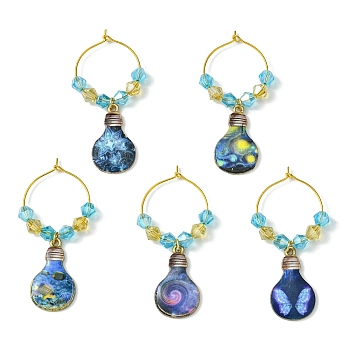 Alloy Printed Bulb Wine Glass Charms, with Glass Beads and Brass Wine Glass Charm Rings, Mixed Color, 59mm