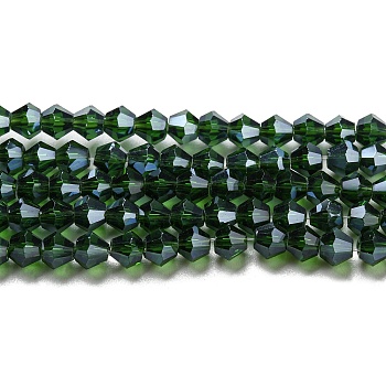 Transparent Electroplate Glass Beads Strands, Pearl Luster Plated, Faceted, Bicone, Dark Green, 3x2.5mm, Hole: 0.7mm, about 162~185pcs/strand, 12.76~14.61 inch(32.4~37.1cm)