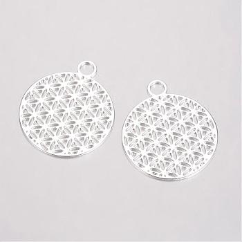 Brass Pendants, Filigree Pendants, Flat Round, Silver Color Plated, 23.5x20x0.6mm, Hole: 3mm