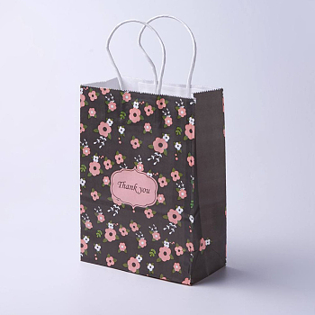 kraft Paper Bags, with Handles, Gift Bags, Shopping Bags, Rectangle, Flower Pattern, Black, 21x15x8cm
