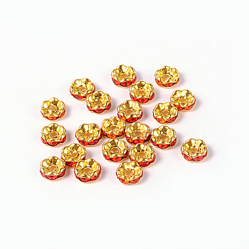 Brass Rhinestone Spacer Beads, Grade A, Rondelle, Golden and Nickel Free, Red, Size: about 6mm in diameter, 3mm thick, hole: 1mm