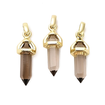 Natural Smoky Quartz Double Terminal Pointed Pendant, Faceted Bullet Charms with Brass Findings, Ion Plating(IP), Golden, 21x7x7.5mm, Hole: 3.5x2mm