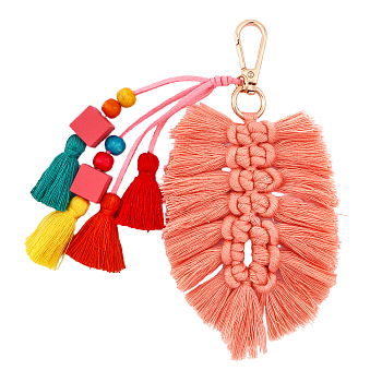 Bohemian Tassel Pendant Decoration, Knitting Leaf Cloth Charms, for Woman Bag Ornament, Light Salmon, 19.2~20.2cm