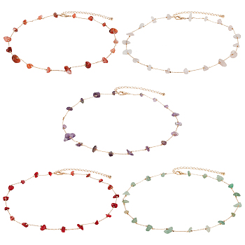 ANATTASOUL 5Pcs 5 Style Natural Mixed Gemstone Chips Beaded Necklace for Women, 16.42 inch(41.7cm), 1Pc/style