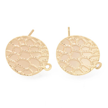 Brass Stud Earrings Findings, with Loop, Nickel Free, Textured Flat Round, Real 18K Gold Plated, 17x15mm, Hole: 1.4mm, Pin: 0.7mm
