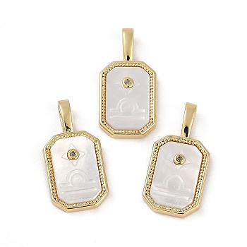 Rack Plating Brass Micro Pave Cubic Zirconia Pendants, with Shell, Long-Lasting Plated, Lead Free & Cadmium Free, Real 18K Gold Plated, Sheild with Twelve Constellations, Libra, 20.5x10x2.5mm, Hole: 4.5x2mm