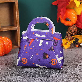 Halloween Theme Non-woven Fabric Gift Bags with Handle, Candy Bags, Trapezoid with Pumpkin & Ghost Pattern, Blue Violet, 12.4x6.5x12.5cm