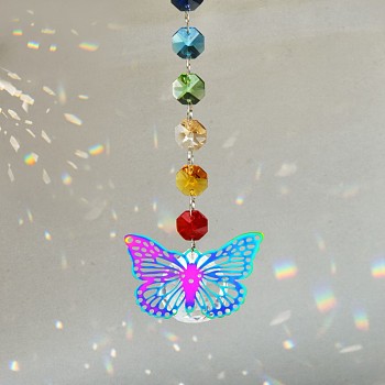 Glass Hanging Suncatcher Pendant Decoration, Crystal Ball Prism Pendants, with Stainless Steel Findings, Butterfly Pattern, 220mm