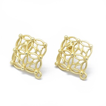 Alloy Stud Earring Findings, with Loop, Brass Pins and Ear Nuts/Earring Backs, Long-Lasting Plated, Rhombus, Matte Light Gold, 21.5x19mm, Hole: 1.4mm, Pin: 0.7mm
