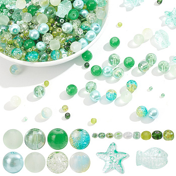 DIY Beads Jewelry Making Finding Kit, Including Imitation Jade Glass & Seed Beads, Round & Fish & Starfish, Green, 1182Pcs/box