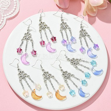4 Pairs 4 Colors Glass Moon with Star Long Drop Earrings(EJEW-TA00276)-3