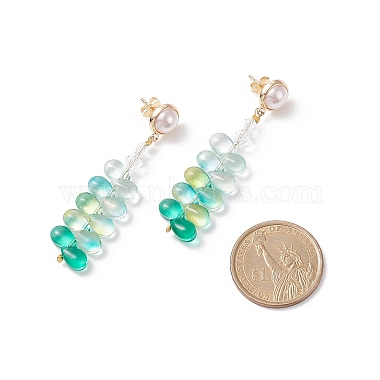 Glass Beaded Leaf Long Dangle Stud Earrings with Imitation Pearl(EJEW-TA00140)-2