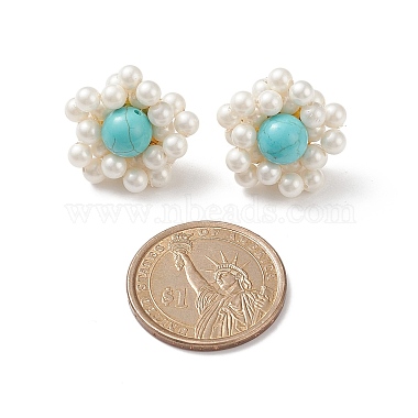 Synthetic Green Turquoise & Shell Pearl Braided Flower Stud Earrings(EJEW-TA00161)-4